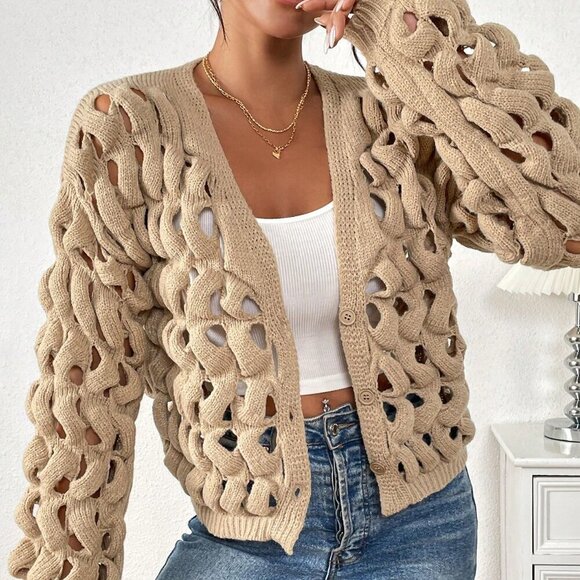 Khaki Casual Women's Long Sleeve Cable Knit Hollow-Out Cardigan - Picture 6 of 7